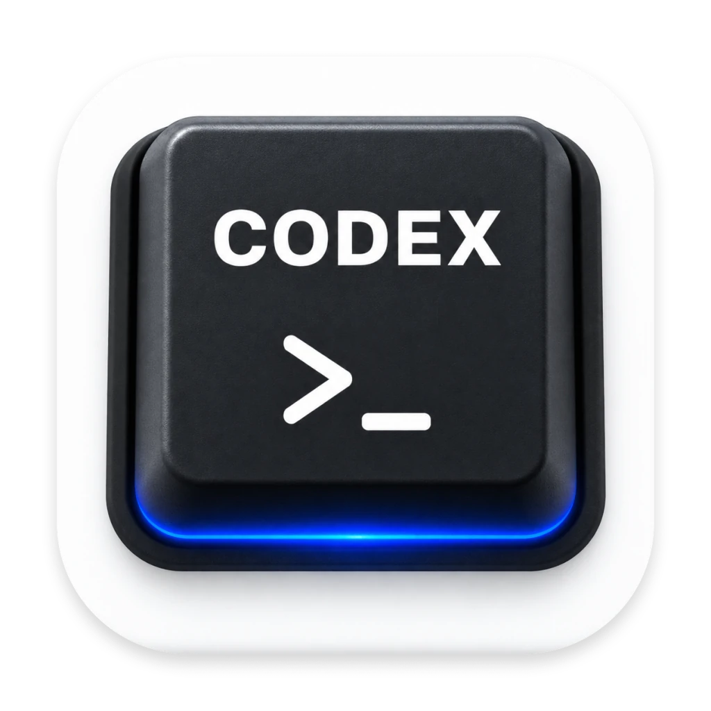 Dark CODEX keycap with a terminal prompt and blue light along its curved lower edge