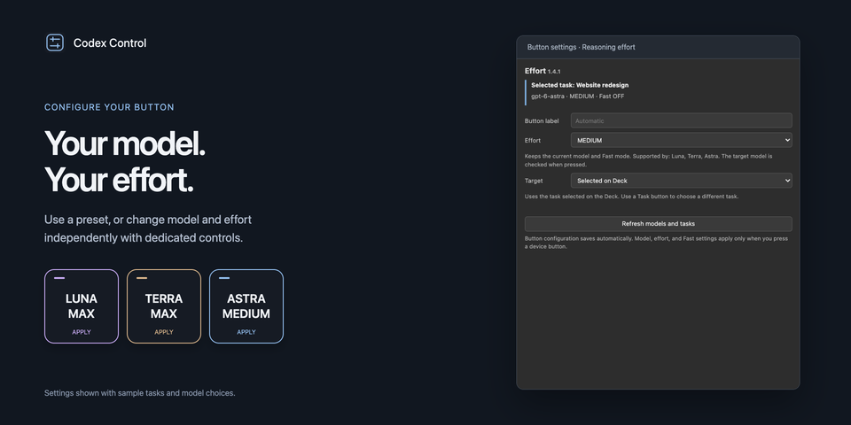 Earlier Codex Control Marketplace preview with sample Stream Deck keys, including a legacy Terra key, and a sample reasoning effort panel