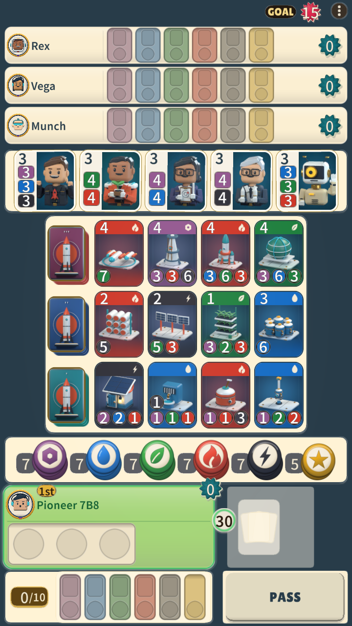 Portrait TERATORN game board showing rival players, character cards, three rows of project cards, resource tokens, and player controls
