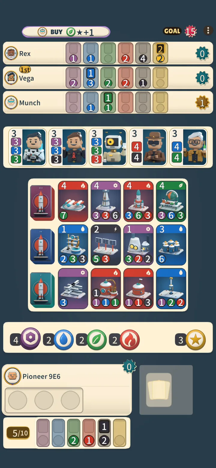 TERATORN gameplay showing resource collection, card choices, and scoring on an iPhone screen