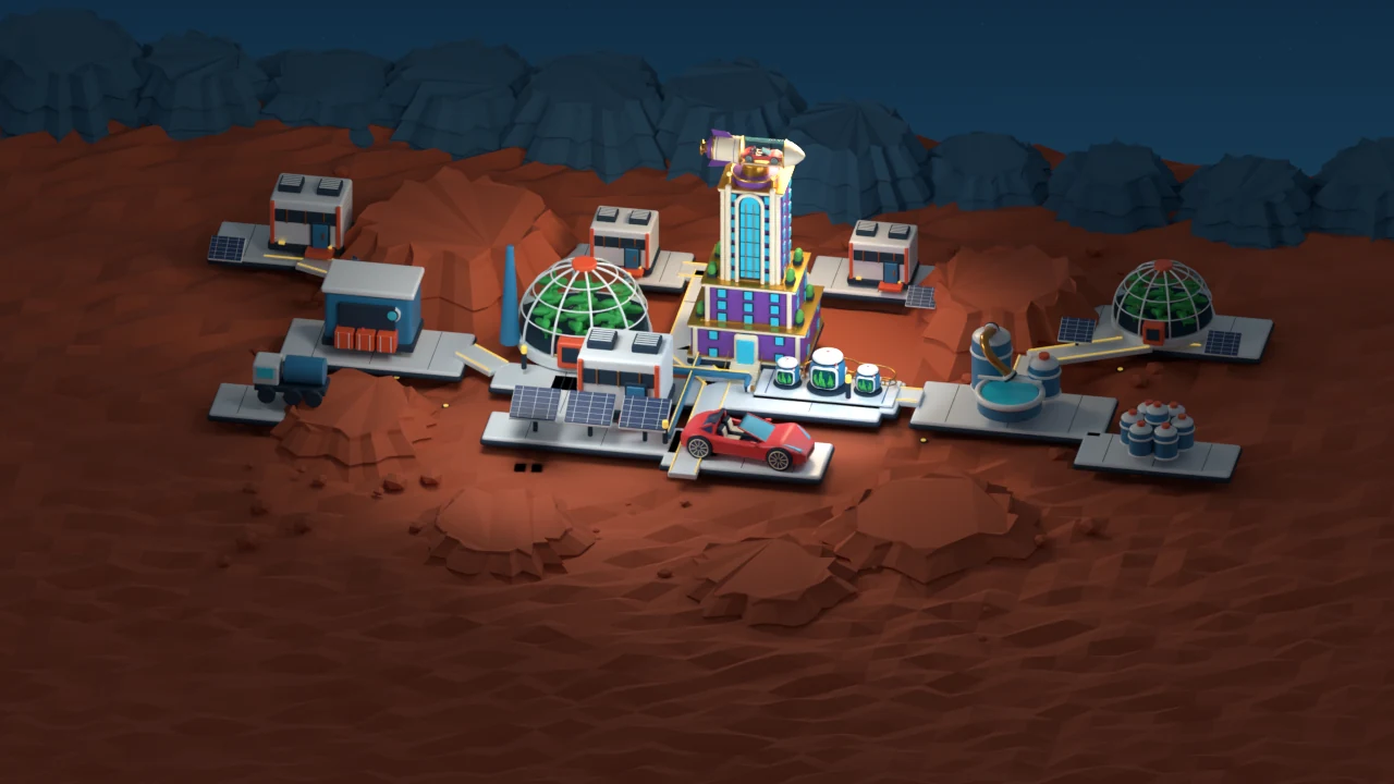 TERATORN home artwork showing a Martian settlement with a central tower, greenhouses, solar panels, and surrounding work districts