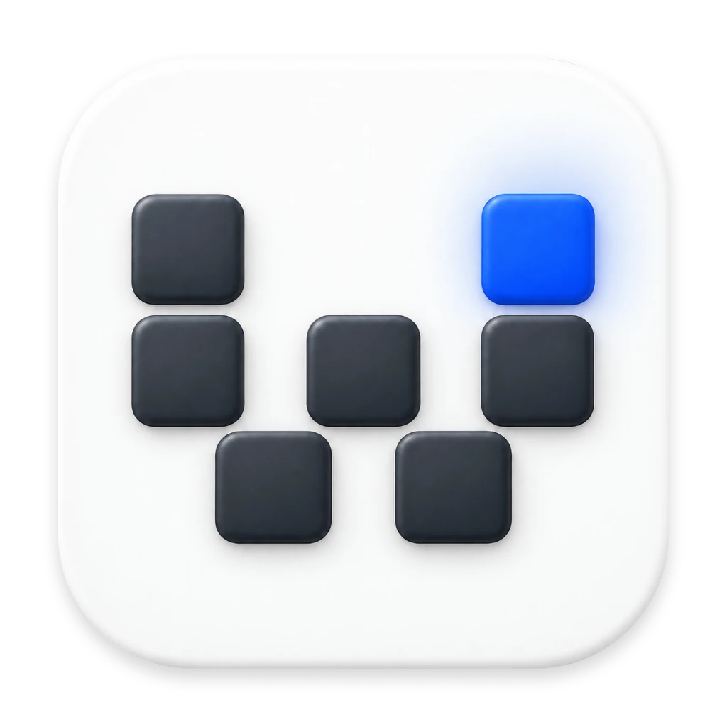 Seven raised square blocks forming a W, with a blue block at the upper right